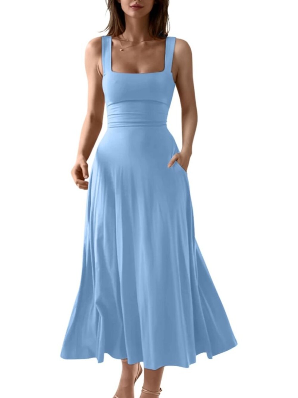 〽️Women Sky Blue Square Neck Side Pocket Sleeveles Wedding Guest PartyMaxi Dress